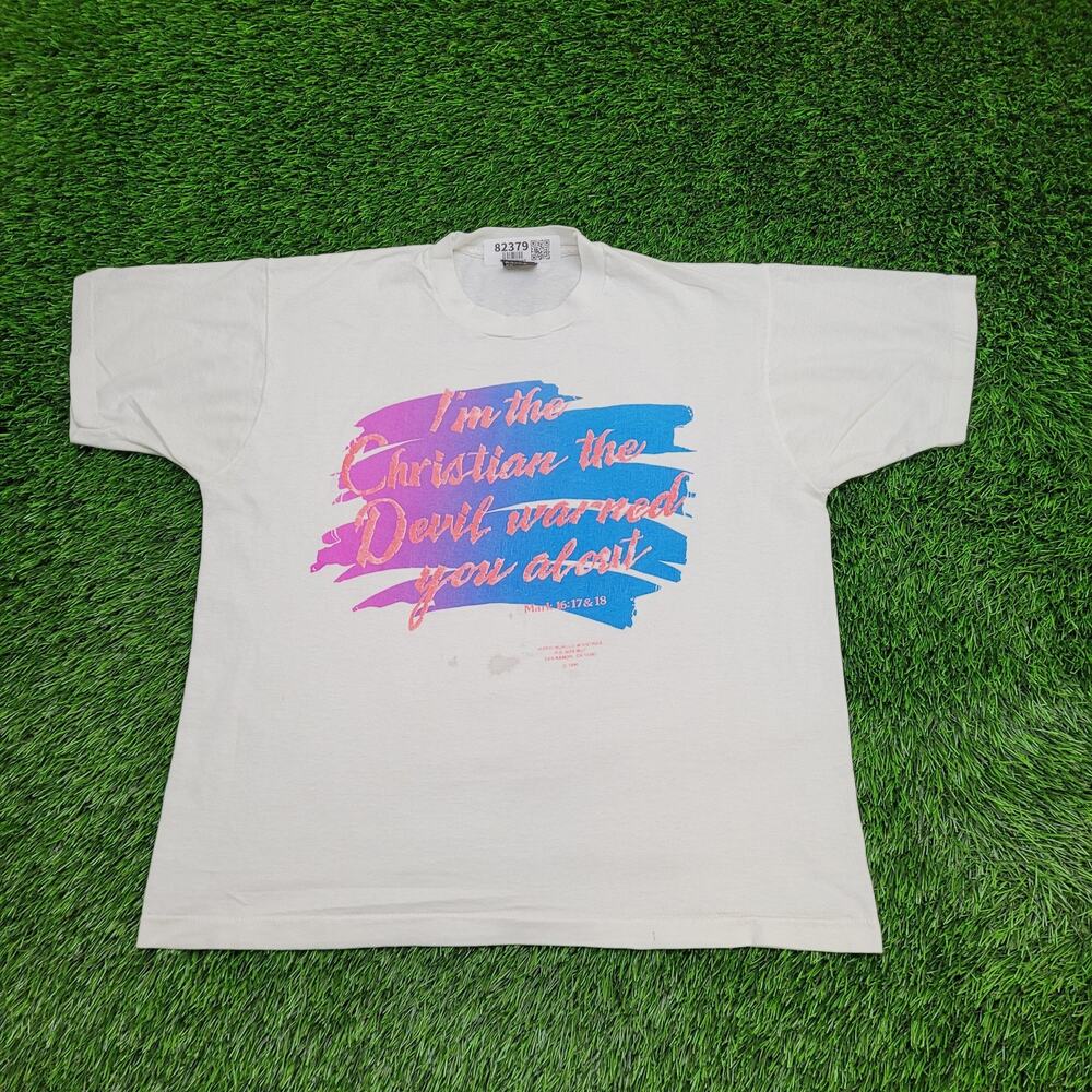 Vintage 1990 Christian Shirt Womens XL 22x25 Crop USA Mark 16:18